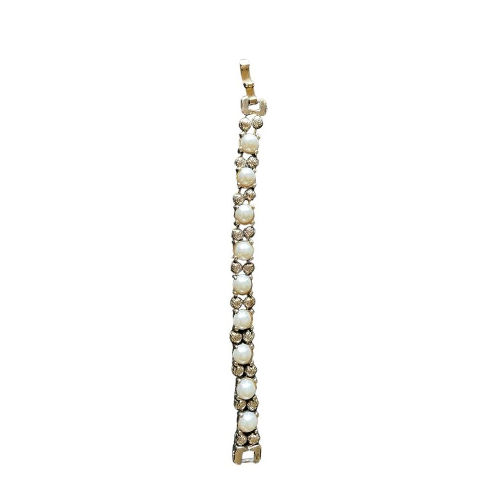 Faux Pearl Gold Tone fold-over clasp Rose Bead Bracelet Vintage Stackable - Picture 2 of 6